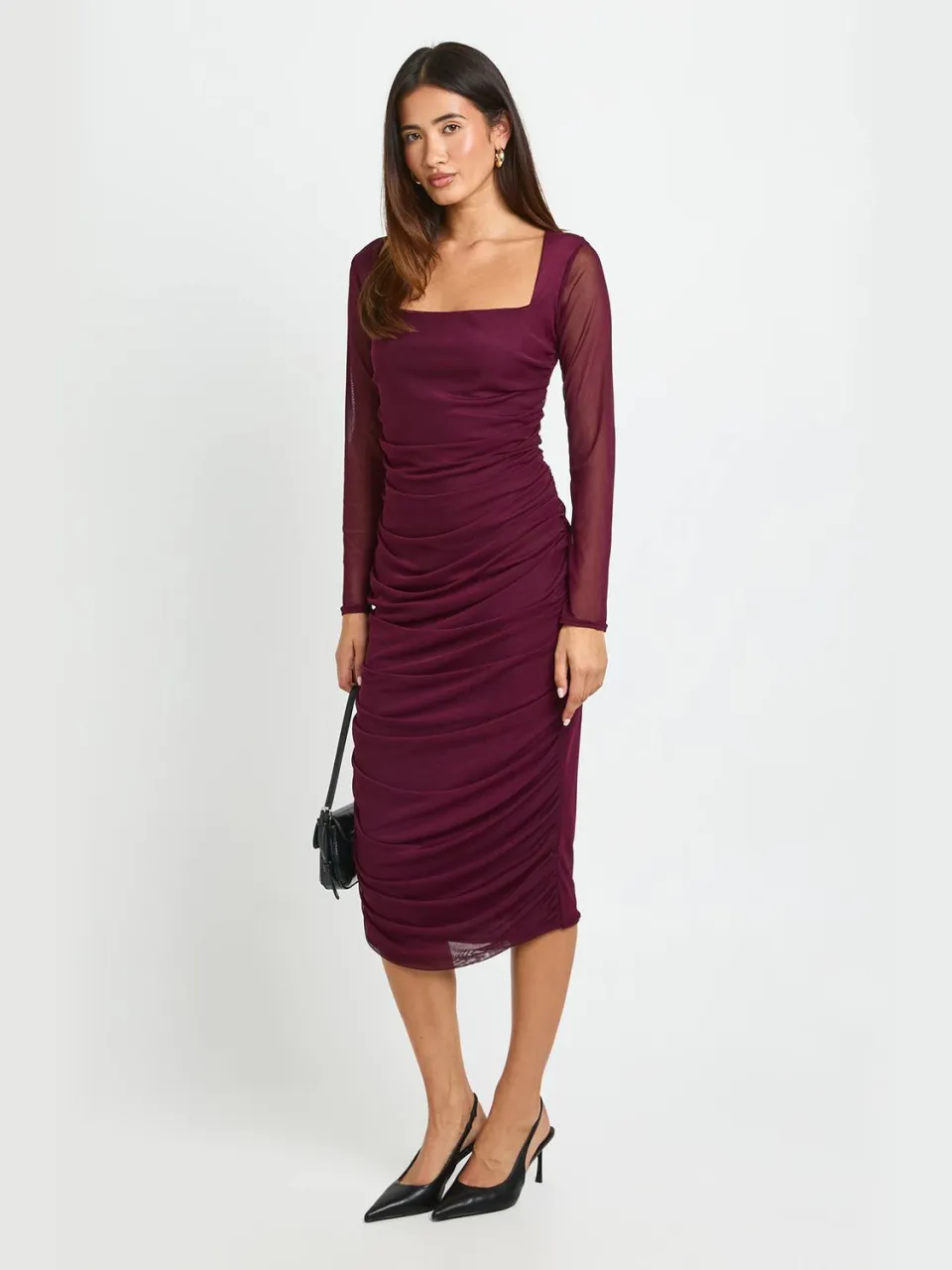 boohoo Dames Midi Bodycon Jurk Met Vierkante Hals En Gerimpelde Mesh pruim, foto 2
