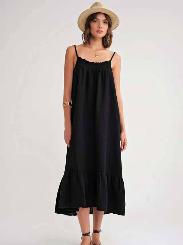 Mixray Midi Mousseline Jurk met Rimpel Detail Zwart