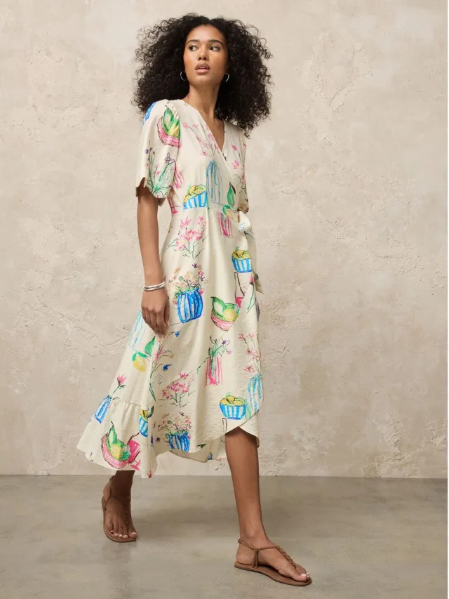 Next Dames - Midi-wikkeljurk met kapmouwtjes - Wit Ecru Floral