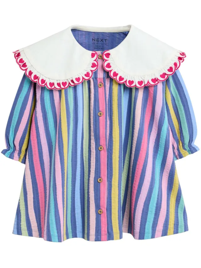 Next Meisjes - Jurk met lange mouwen en kraag - Blauw Rainbow Stripe