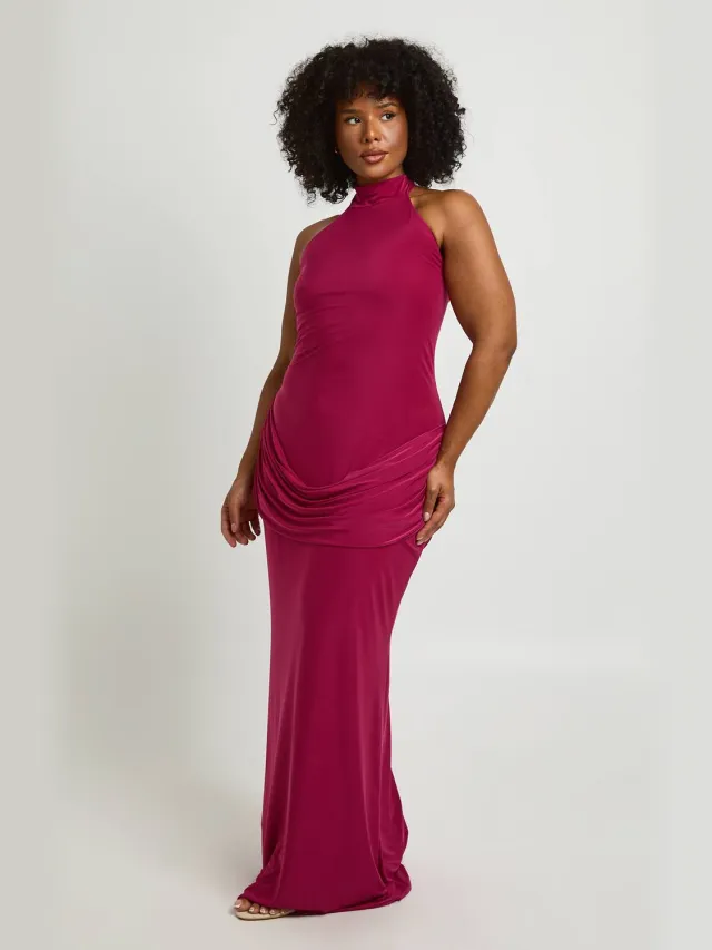 boohoo Dames Plus Hoogsluitende Mouwloze Maxi-jurk Met Drapeerdetail Roze
