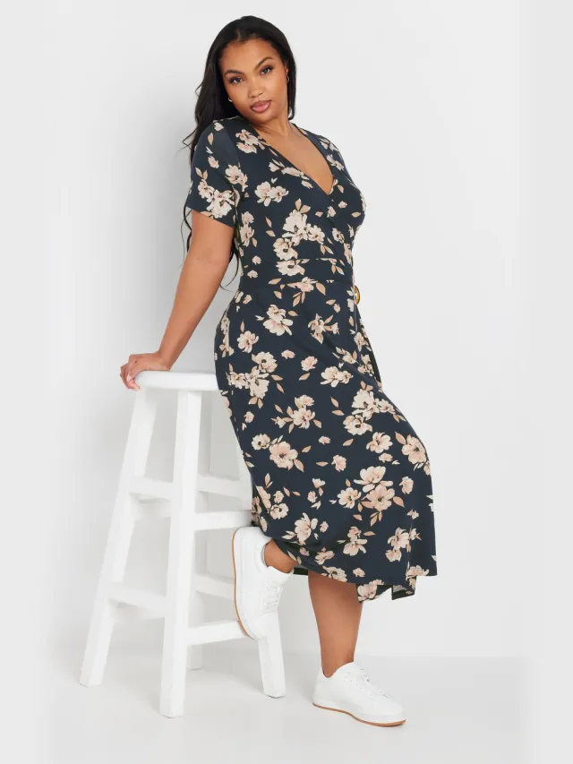 Yours Midijurk Met Bloemenmotief En Gespdetail In Donkerblauw-56 Blue