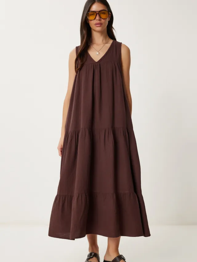 Happiness Istanbul Rimpel V-hals Midi-jurk Mokka