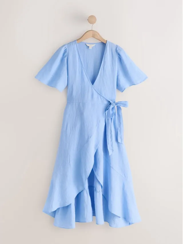 Next Dames - Midi-wikkeljurk van 100% linnen - Tall - Blauw Cornflower Blue