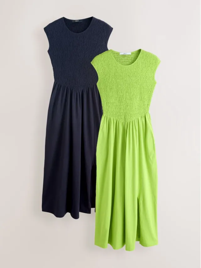 Next Dames - Set van 2 midi-jurken met kapmouwtjes en gerimpelde jersey body - Groen Lime Green/Navy Blue