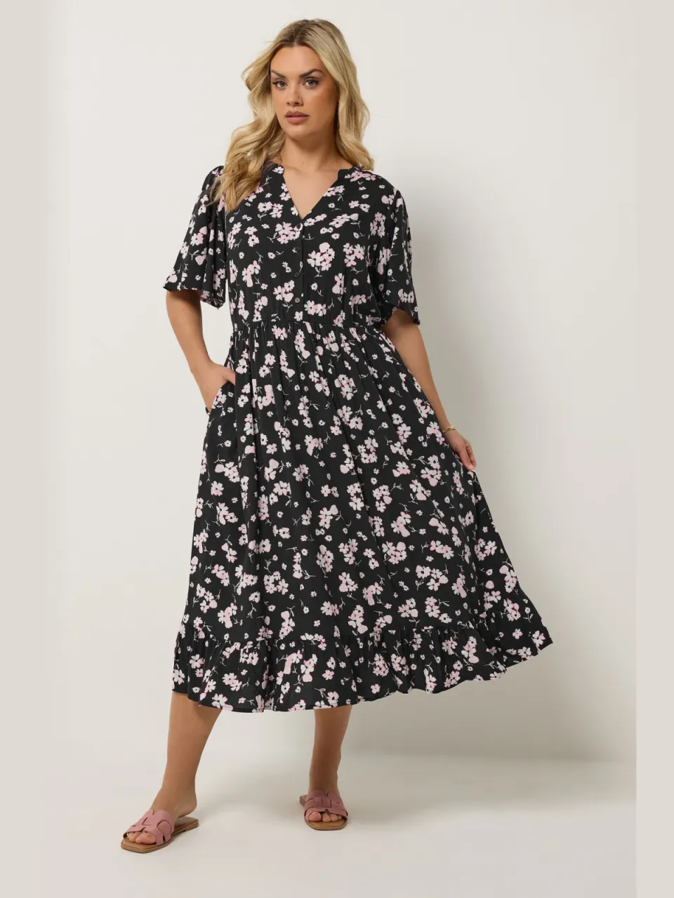 Yours Zwarte Jurk Met Fijne Print En Halve Knoopsluiting Midijurk, foto 2