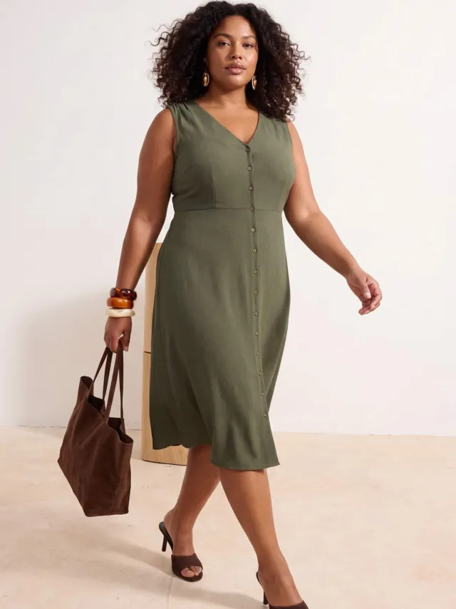 Trendyol Curve Dames Kaki Effen Maxi Mouwloos Casual A-lijn Grote maten Jurk