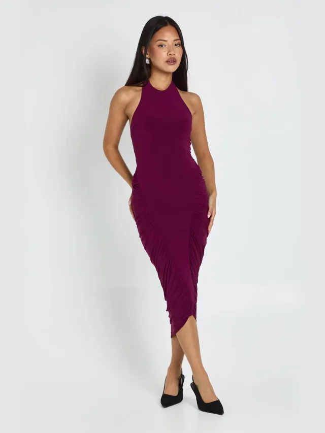 boohoo Dames Petite geraffelde panel halterneck midaxi-jurk Pruim