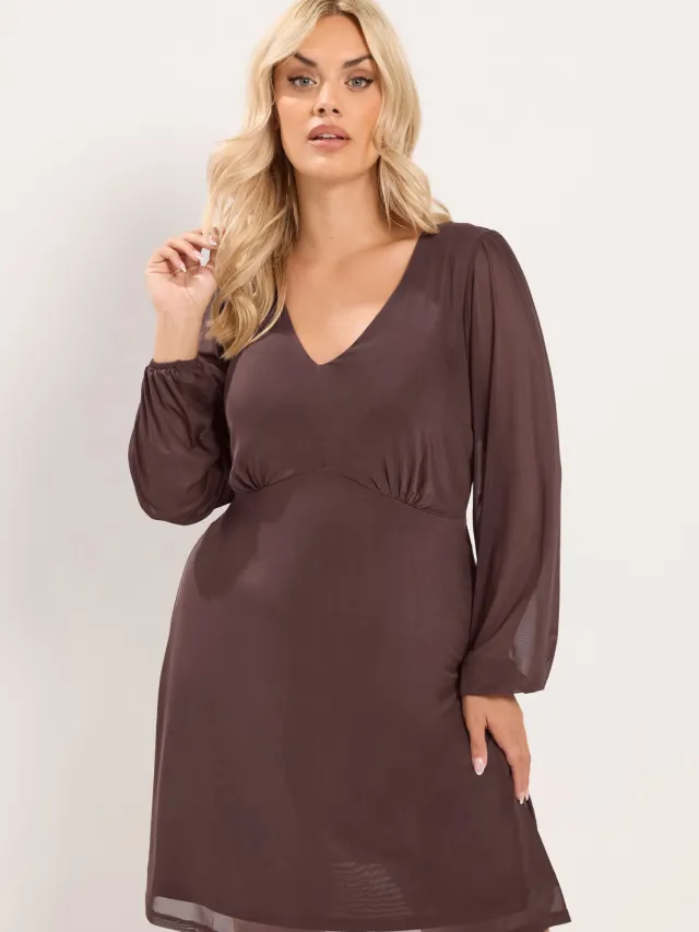 Yours Chocoladebruine Jurk Van Mesh Met Ballonmouwen-68 Brown