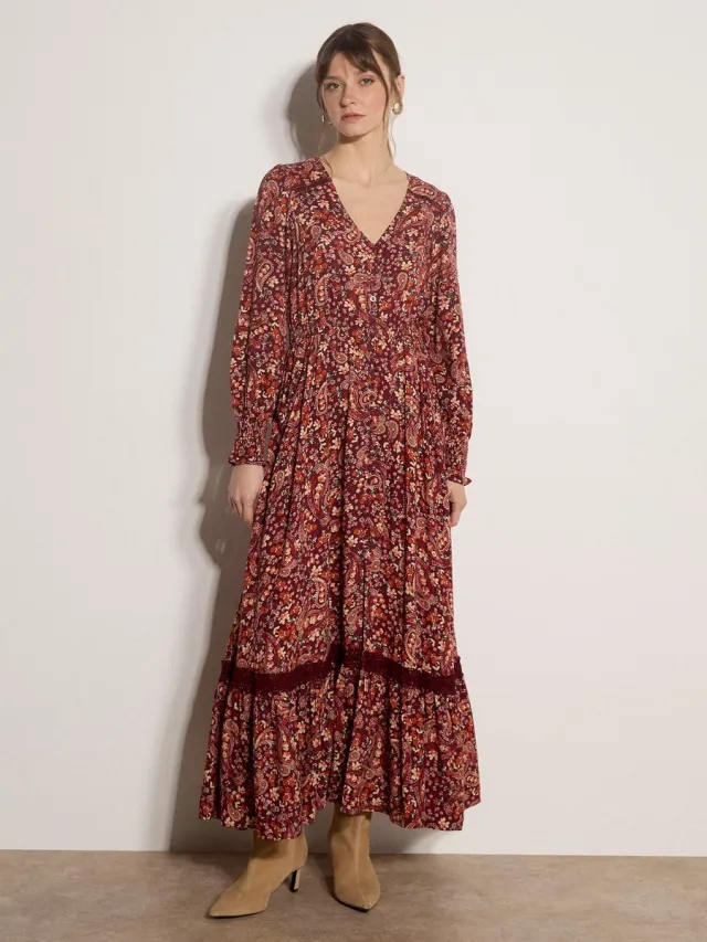 Apricot Maxijurk met paisley-bloemenprint Burgundy