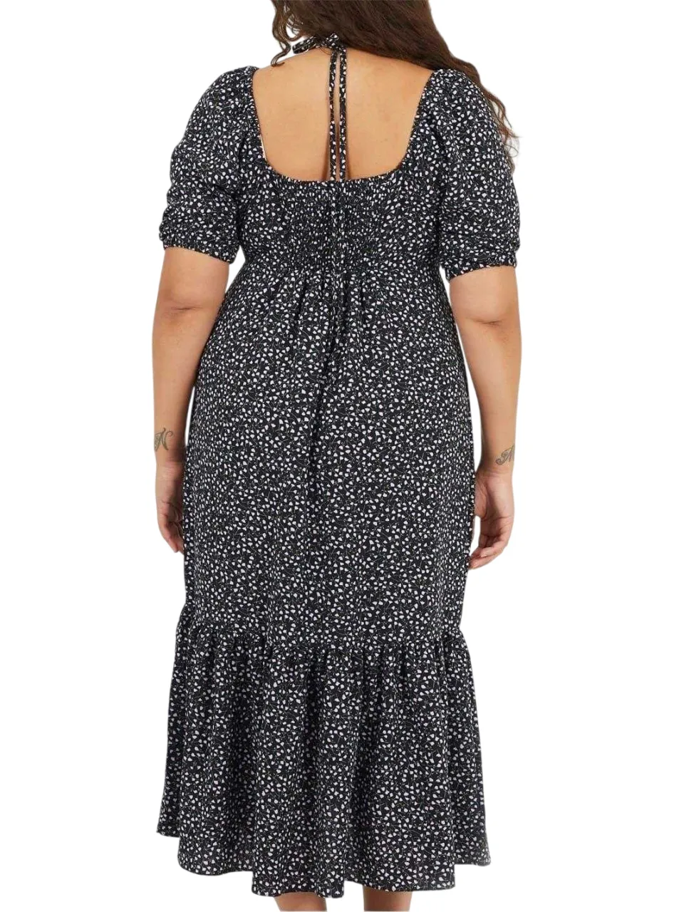 Brave Soul Midi-jurk voor dames met V-hals, stippenpatroon en gebogen silhouet, met korte mouwen (Zwart/Paars), foto 2