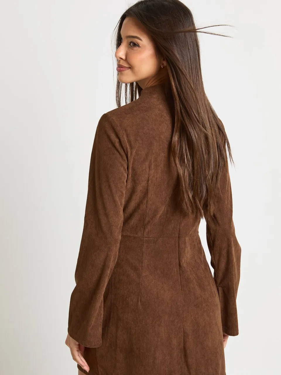 boohoo Dames Cord Mini-jurk met hoge hals chocoladebruin, foto 3