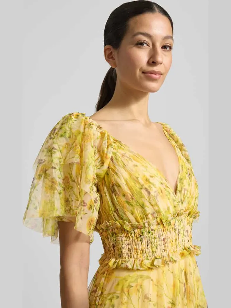 Lace & Beads Avondjurk van tule met V-hals lichtgeel, foto 3