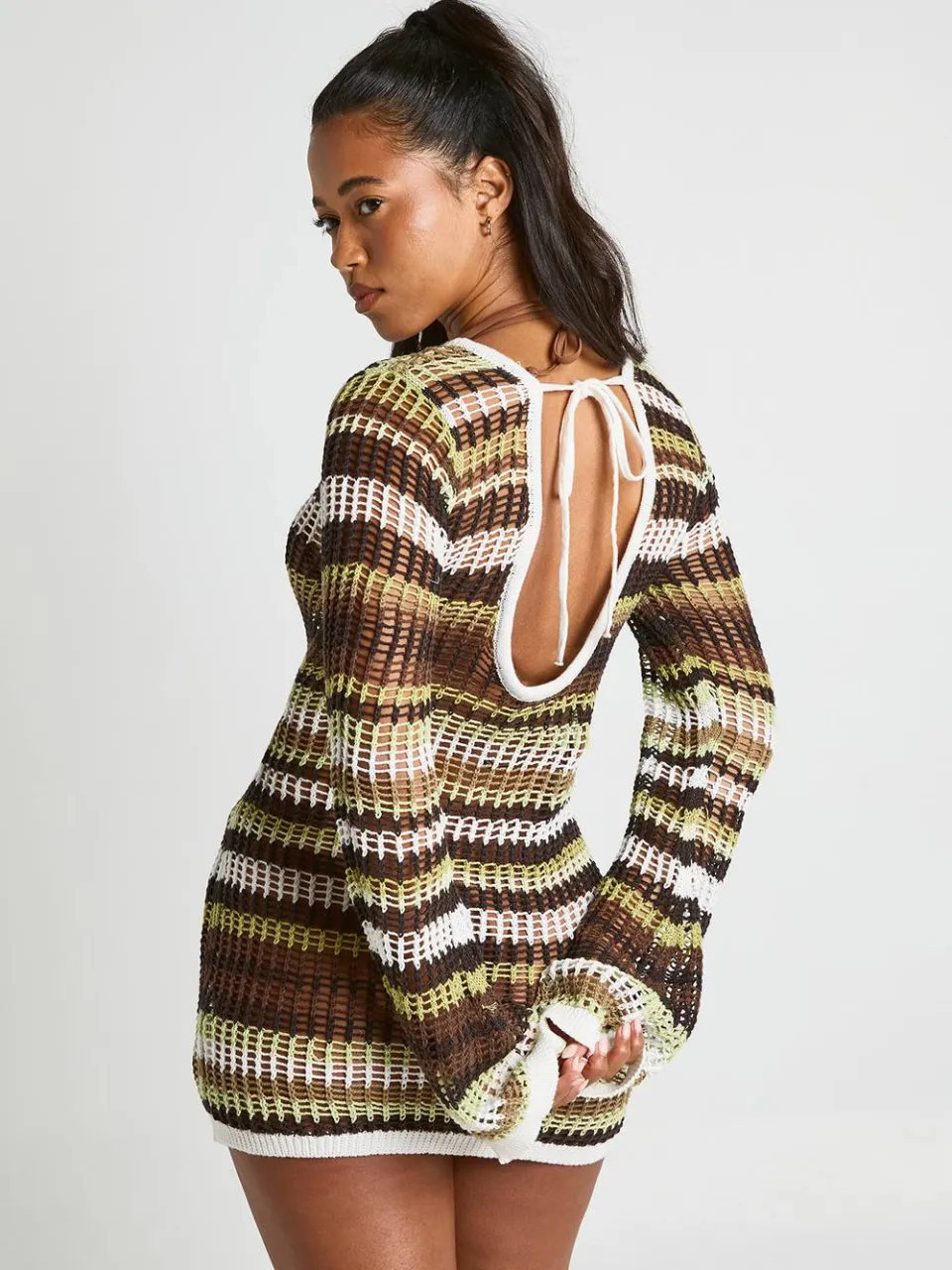 boohoo Dames Strand Gehaakte Streep Gebreide Mini-jurk Met Uitlopende Mouwen neutral, foto 2