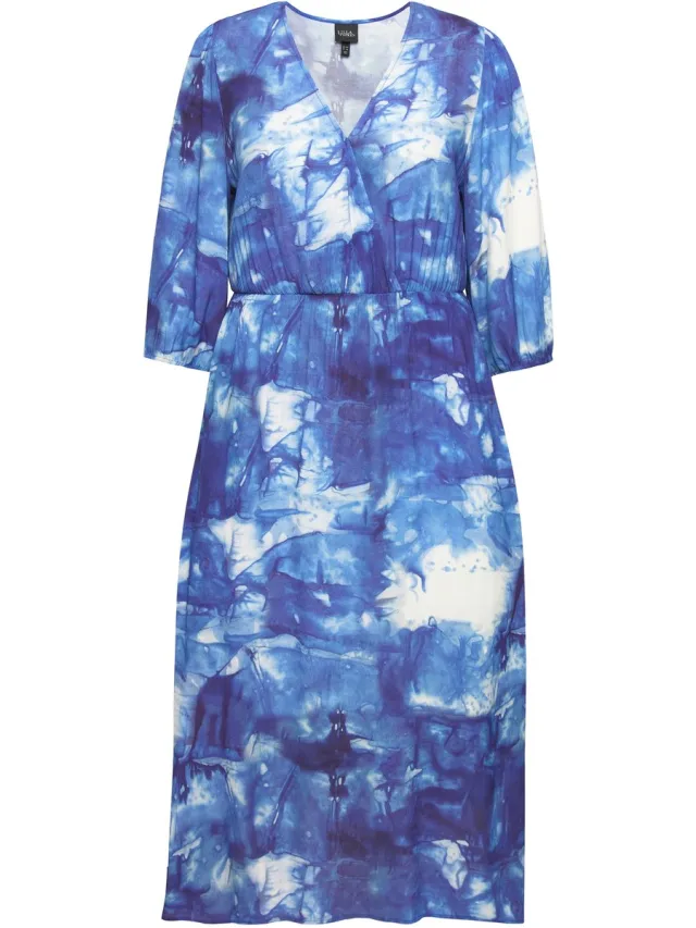 Ulla Popken Dames - Maxi-jurk batikpatroon wikkeljurk V-hals 3/4-mouwen - Marine - Maat 50+