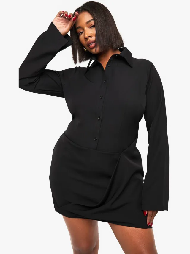 boohoo Dames Plus Shirtjurk met draperende voorkant Zwart