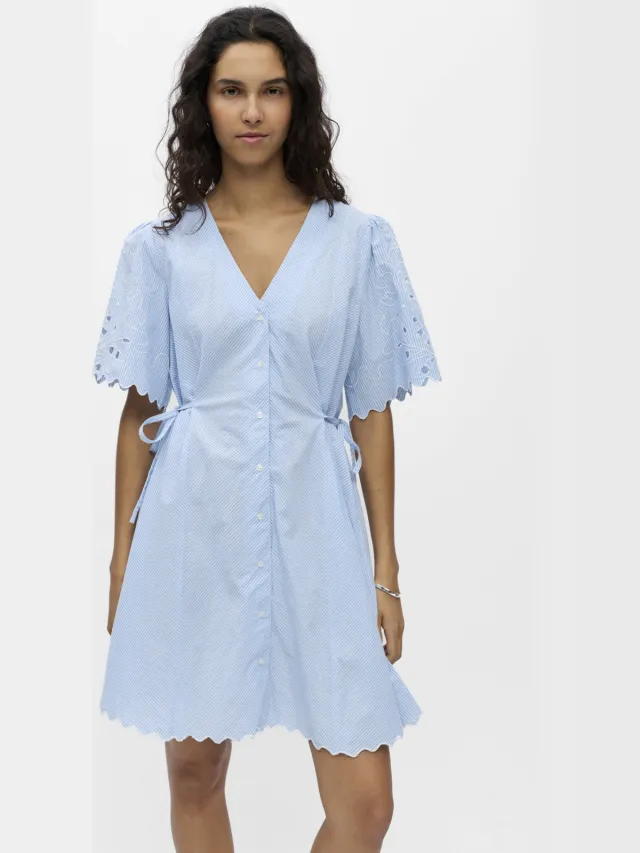 Object korte gestreepte broderie blousejurk - lichtblauw, foto 3