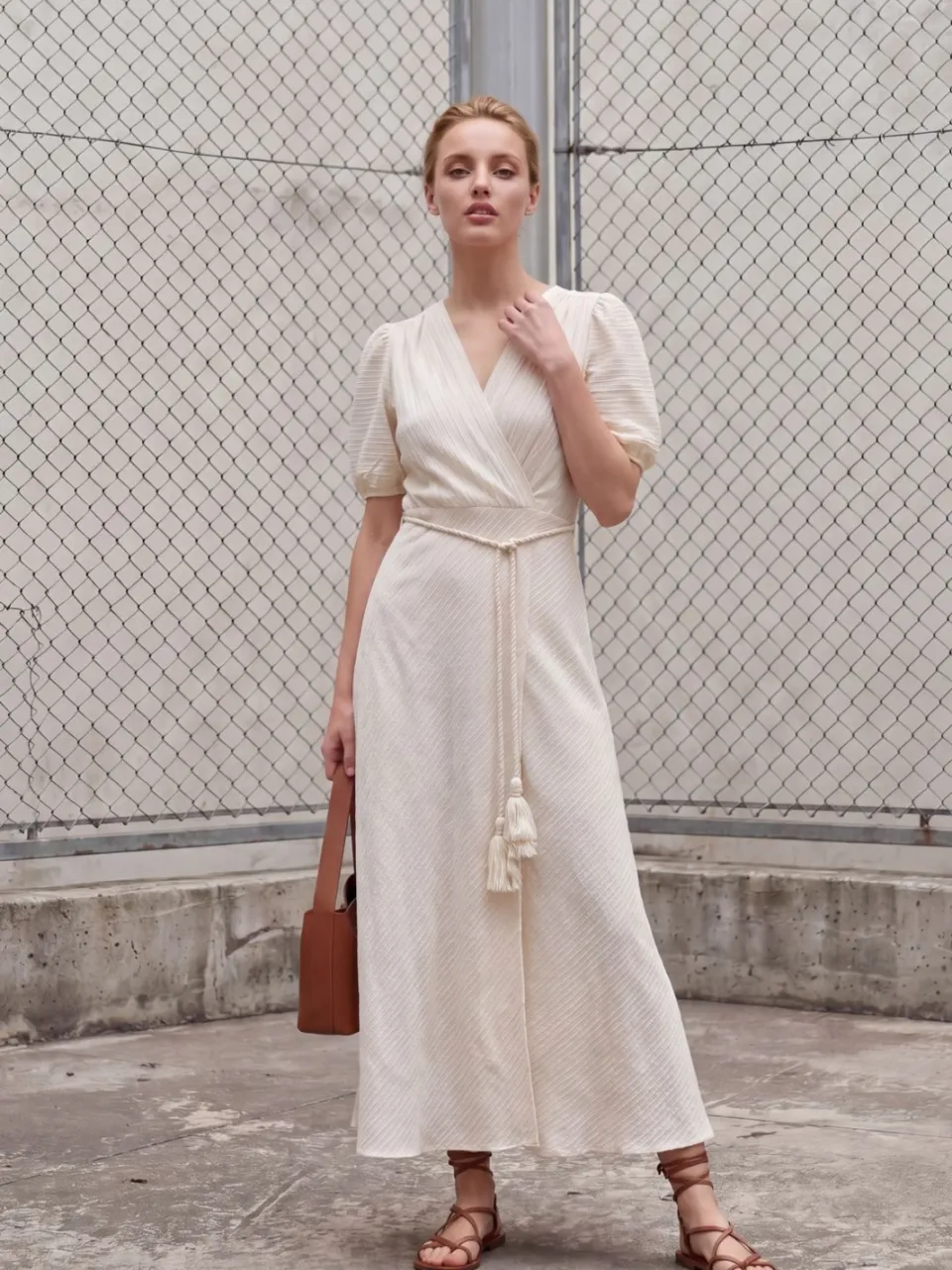 MyFashion Gestrikte V-hals Maxi Wikkeljurk crème, foto 2