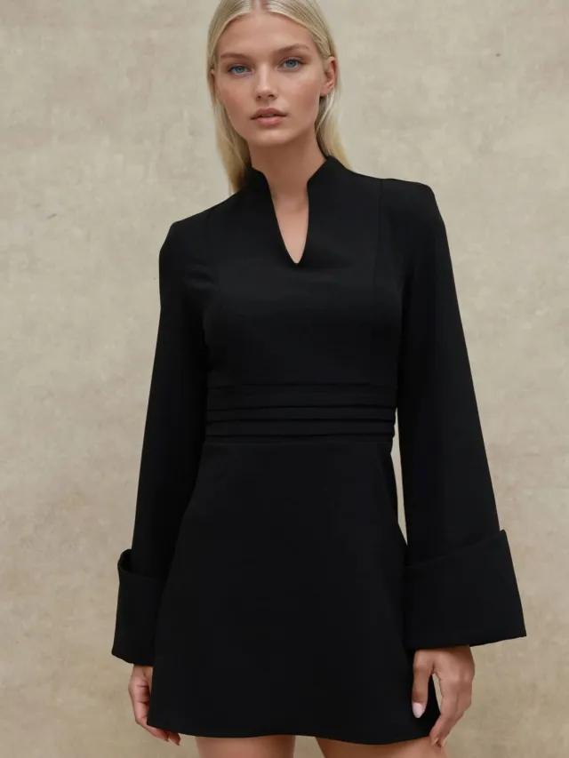 Hiccup Elegante V-hals Lange Mouw Mini Jurk Zwart