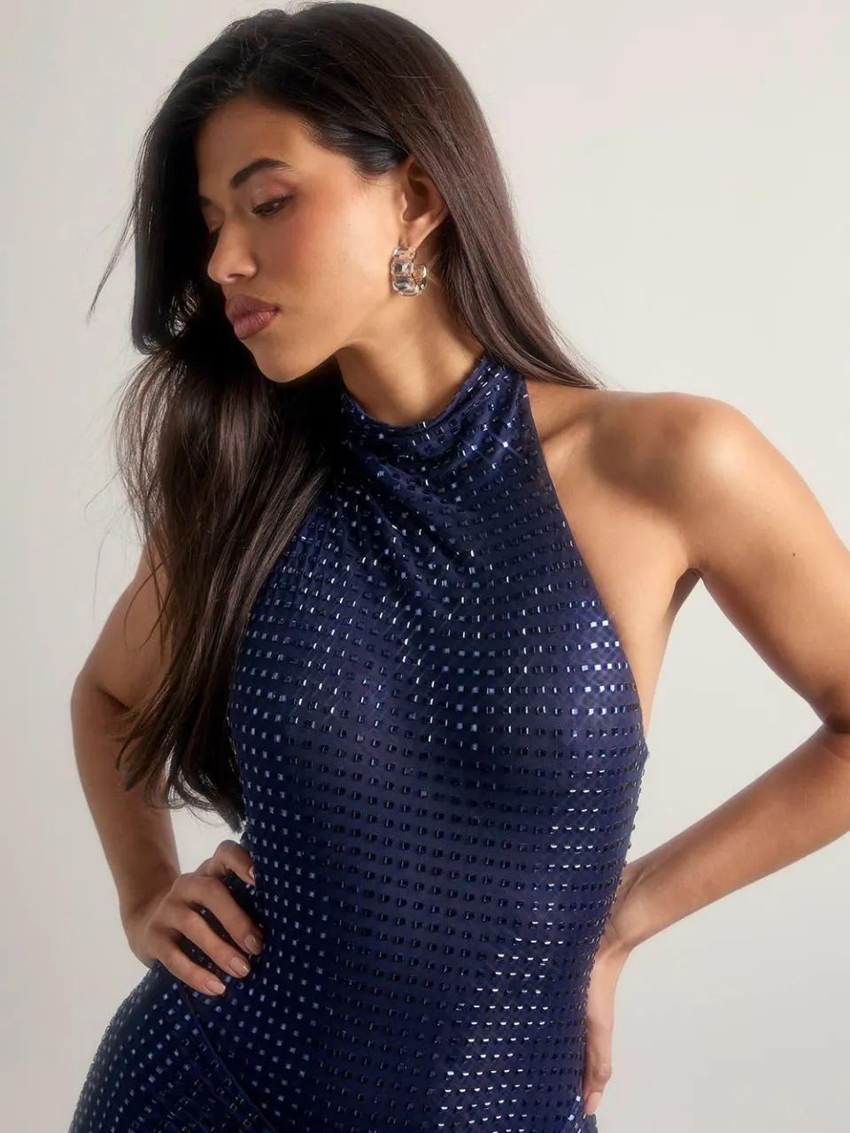 boohoo Dames Premium Hot Fix Transparante Tie Front Maxi Jurk marineblauw, foto 4