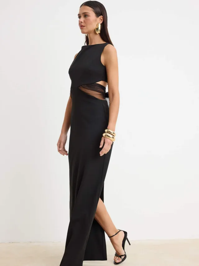 Trendyol TRENDYOLMİLLA Dames Zwart Effen Maxi Mouwloos Recht Avond & Gala Jurk