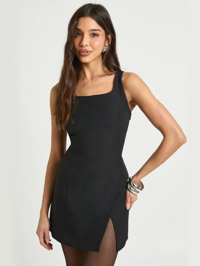 boohoo Dames Getailleerde Mini Jurk met Vierkante Hals Zwart