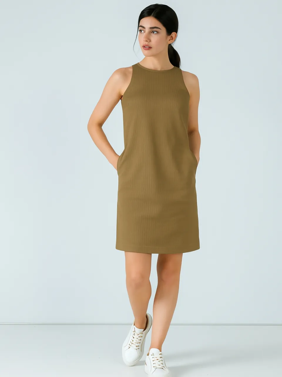 Conquista Relaxte tencel-jacquardjurk tot boven de knie Beige