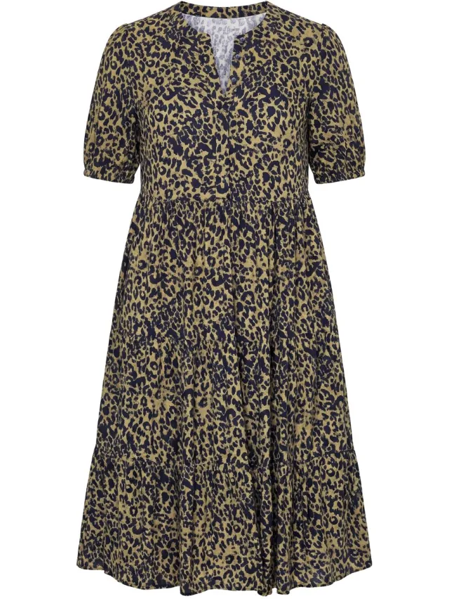 Studio Untold Dames - Maxi-jurk A-lijn gekleurd luipaardmotief volants - Olijf - Maat 46+