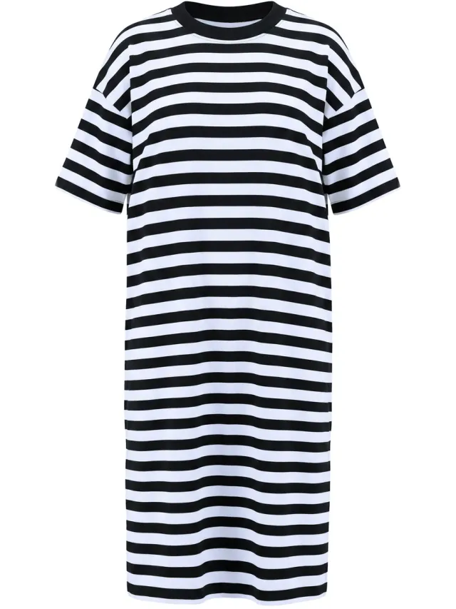 Studio Untold Dames - Midi-jersey jurk A-lijn gestreept tricot halve mouwen - Zwart - Maat 46+