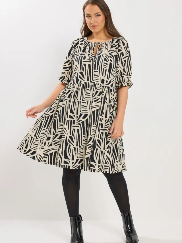 Yours Zwarte Abstracte Jurk Met Strik Aan De Hals Black