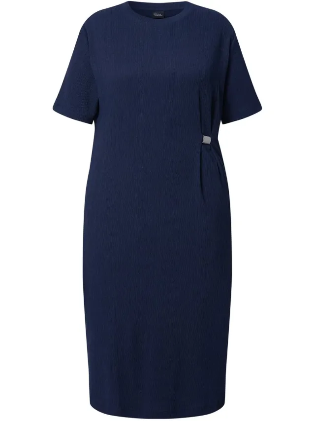 Ulla Popken Dames - Midi-jurk structuur ronde hals oversized korte mouwen - Marine - Maat 42+
