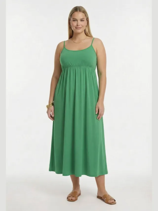 Yoek Dress spaghetti elastic waist | Groen