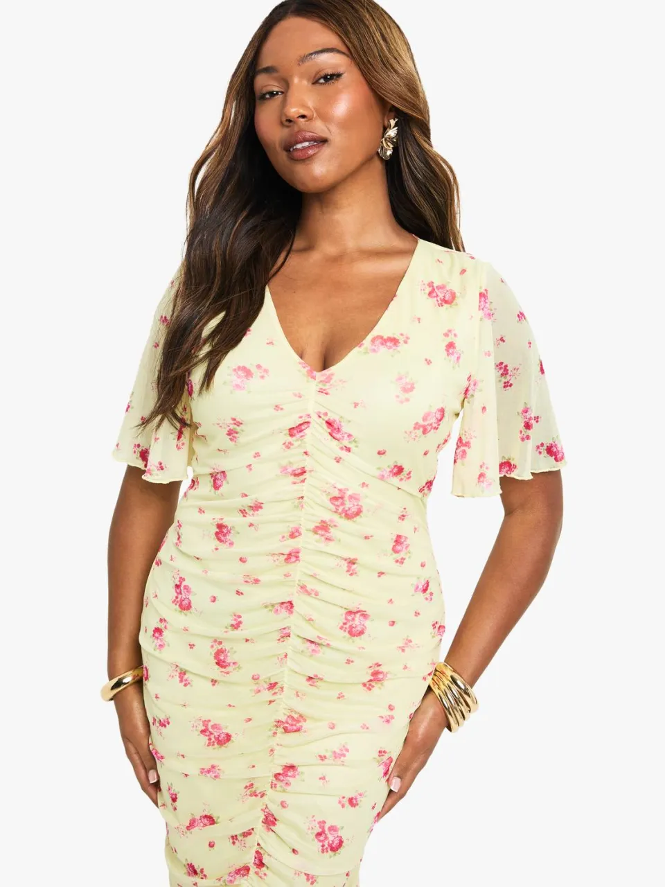 boohoo Dames Plus Floral Mesh Geraffineerde Angel Mouw Mini Jurk citroen, foto 2