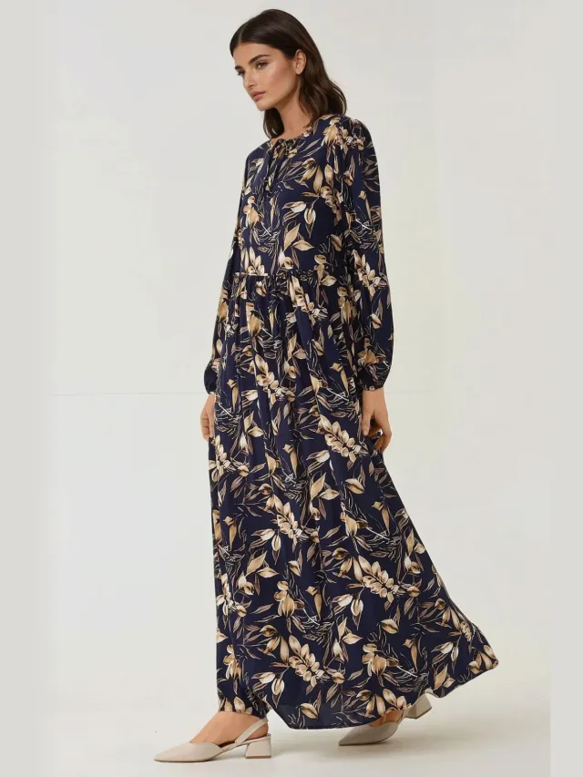 Hiccup Bloemenprint Lange Mouwen Viscose Maxi Jurk Marineblauw