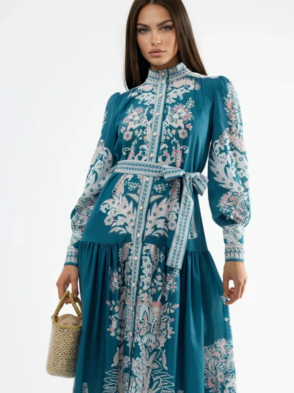 MSN Collection Maxi-jurk met Mandarin-kraag en riem groen, foto 2