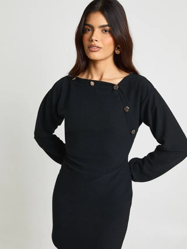 boohoo Dames Ballonmouw Gouden Knoop Blouson Mini-jurk Zwart