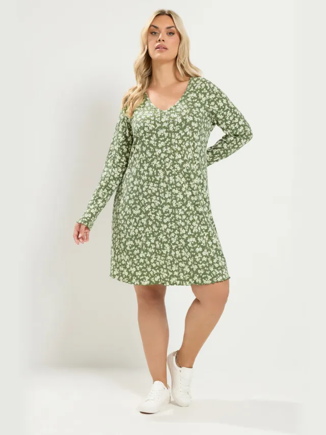 Yours Kakigroene Geribbelde Top Met Bloemenprint Green