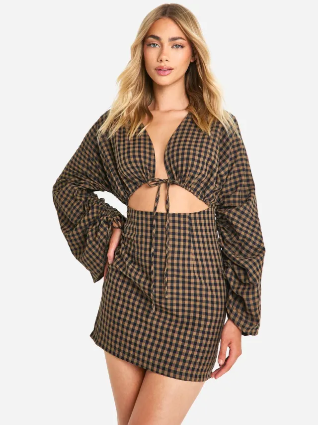 boohoo Dames Gingham mini-jurk met volumineuze mouwen Bruin