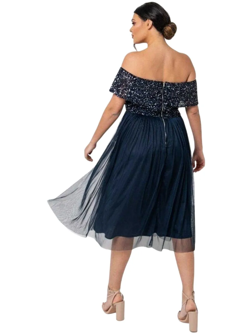 Maya Deluxe Dames/Maatschappij Sequin Bardot Korte Mouwen Midi Jurk (Marineblauw), foto 2