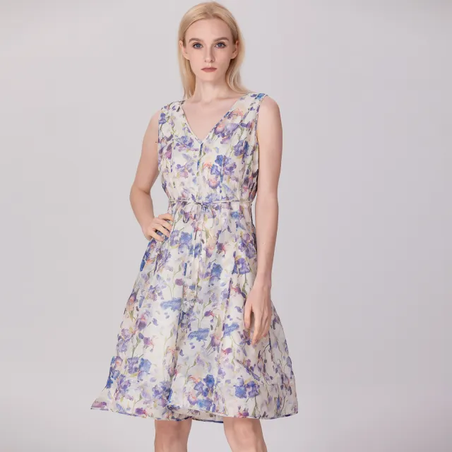 Smart & Joy Mouwloze thee-organza-jurk met bloemenprint Veelkleurig