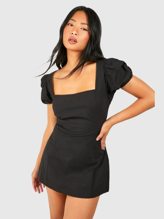 boohoo Dames Petite Puff Mouw Mini Jurk Zwart