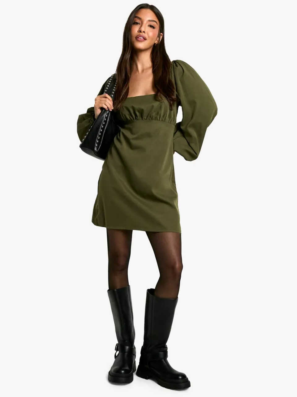 boohoo Dames Long Sleeve Puff Sleeve Mini Dress kaki, foto 3