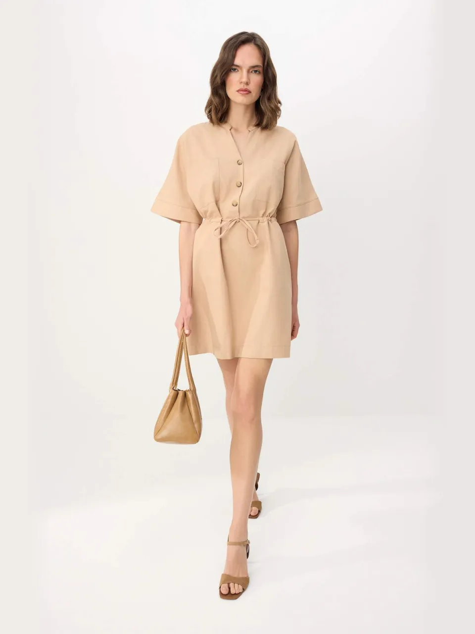 Trendyol TRENDYOLMİLLA Dames Beige Effen Kort / Mini Kort Casual A-lijn Jurken