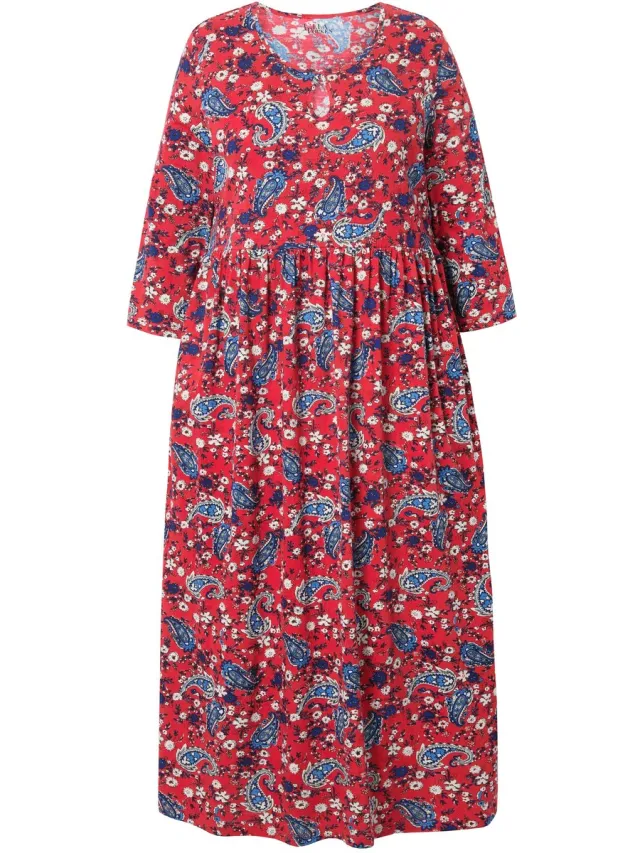 Ulla Popken Dames - Jersey jurk A-lijn keyhole ronde hals 3/4-mouwen - Marine - Maat 54+
