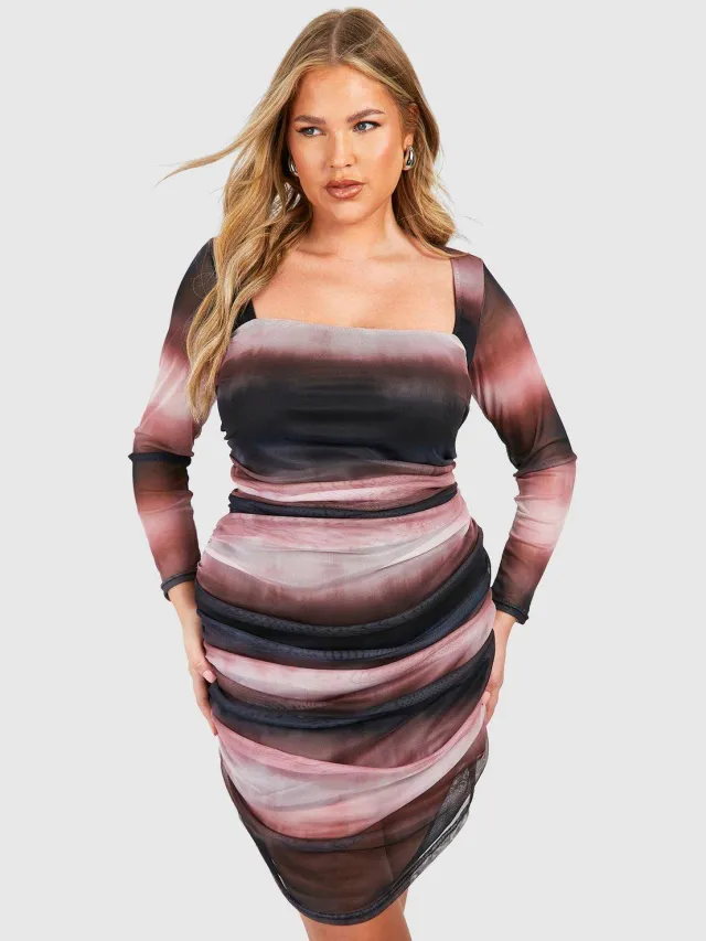 boohoo Dames Plus geprinte mesh bodycon jurk Violet