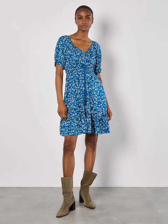 Apricot Sarasa mini-jurk met bloemenprint en Bardot-hals Blauw