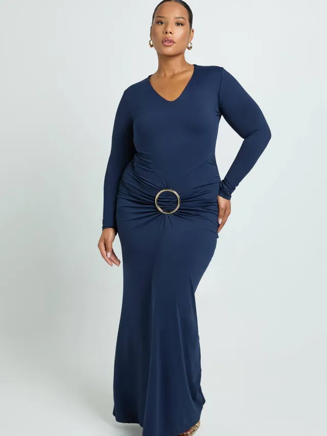 boohoo Dames Plus gerafelde maxi-jurk met lange mouwen en gouden afwerking Marineblauw