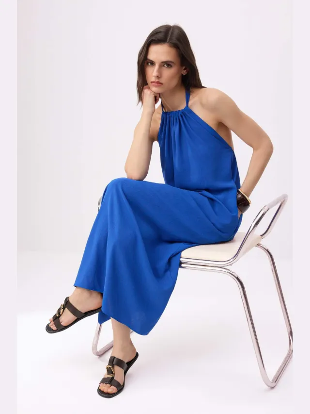 Trendyol TRENDYOLMİLLA Dames Blauw Effen Maxi Mouwloos Recht Jurken Kobaltblauw