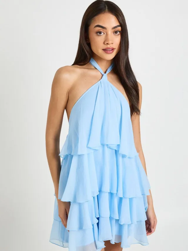 boohoo Dames Chiffon Gelaagde Halter Mini Jurk Pastelblauw