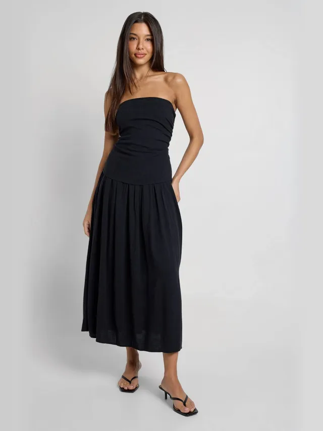 boohoo Dames Premium Linnen Bandeau Midaxi Jurk Zwart